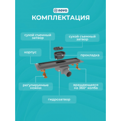 Трап NOVA душевой канал 600мм, решетка line гориз. выход 